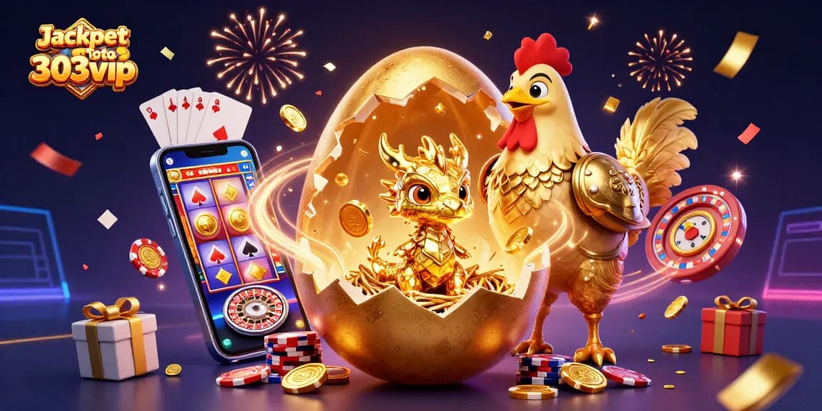 Experience the excitement of Jackpot Toto 303vip with this vibrant casino scene showcasing golden treasures and gaming action.