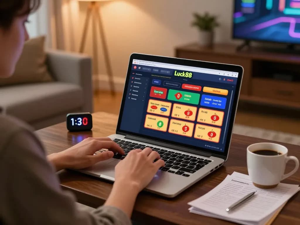Engaging with Luck88 online casino gaming system at home, showcasing strategy notes and comfortable atmosphere.