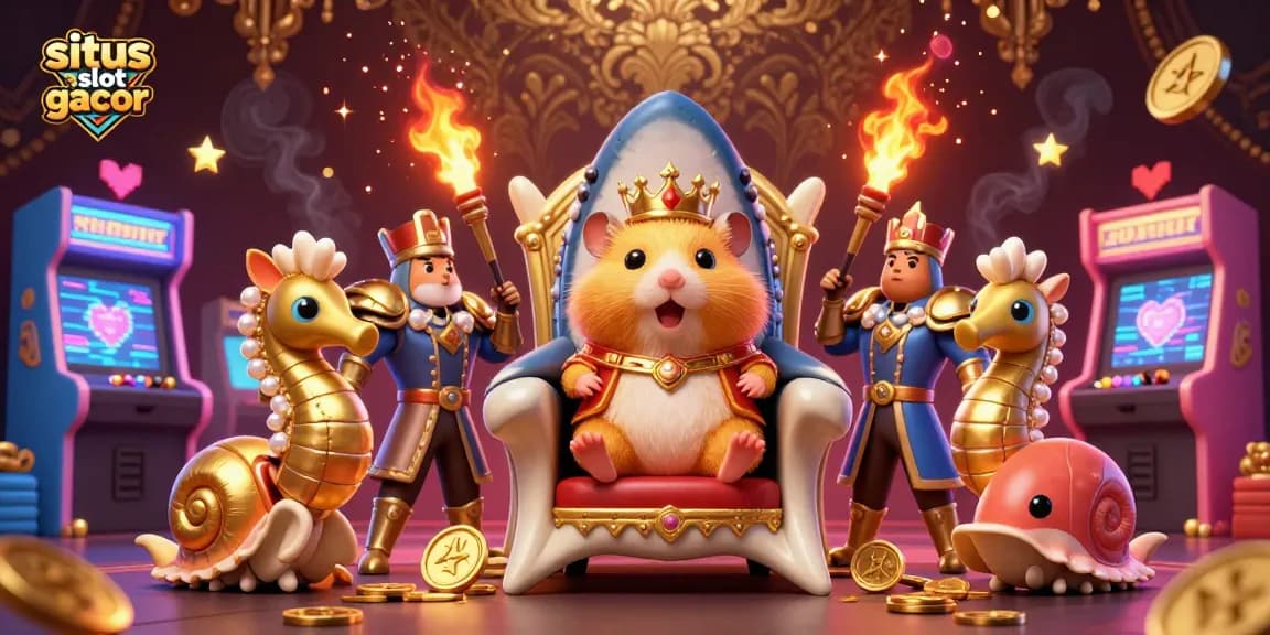 Situs slot gacor menghadirkan kemenangan dengan raja hamster emas dan pengawal kuda laut dalam ilustrasi mewah.