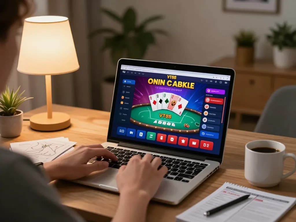 Player engaging with VT88 online casino on laptop at home, showcasing competitive poker gameplay