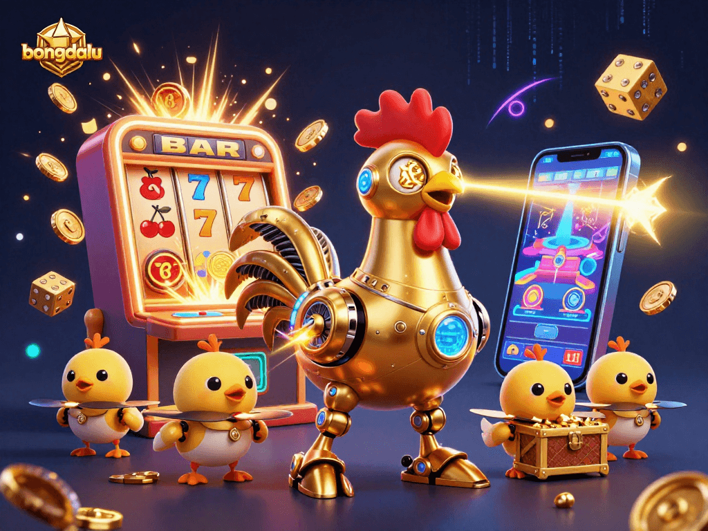 Play exciting casino games with bongdalu, featuring a dynamic 3D illustration of a golden rooster robot and multiple gaming elements.