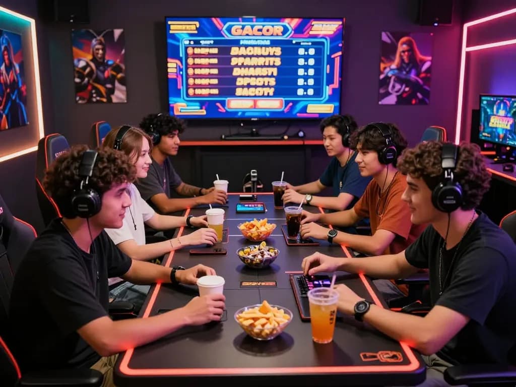 Group of friends enjoying slot gacor games in a vibrant gaming atmosphere with neon lights and high-tech setup.