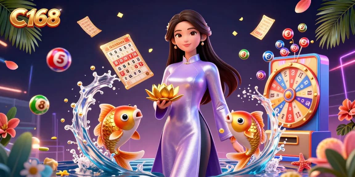 C 168 engages users in a vibrant lottery-themed 3D scene with colorful elements and dynamic game features.