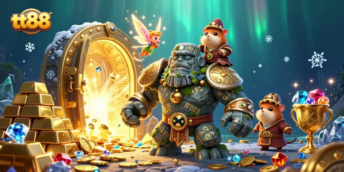 Navigate winnings with tt88's vibrant casino world, featuring a golem and knight amidst treasure.