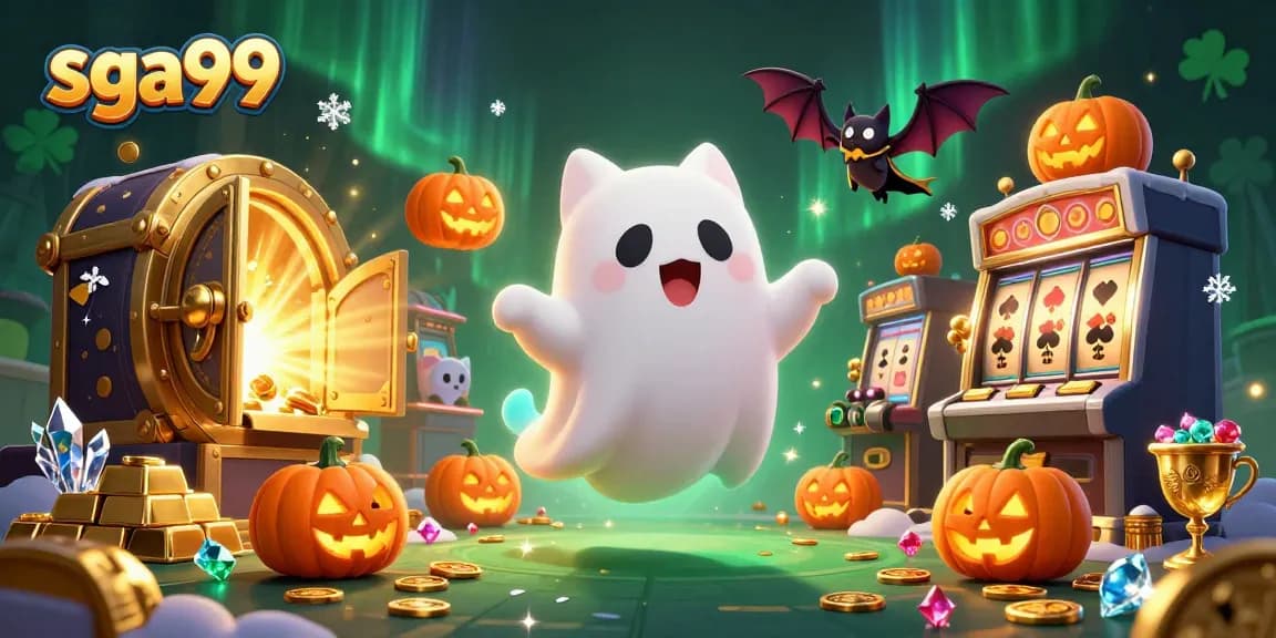 Experience the thrill of sga99 with a ghost cat and glowing jack-o-lanterns in a haunted casino