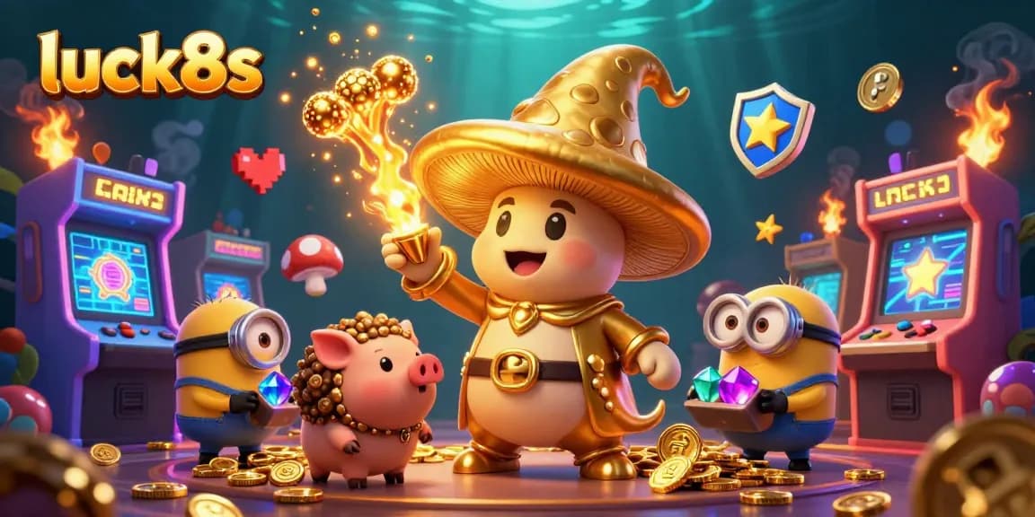 Experience the magic of luck8s as the golden mushroom wizard turns treasure to gold in a vibrant casino scene.