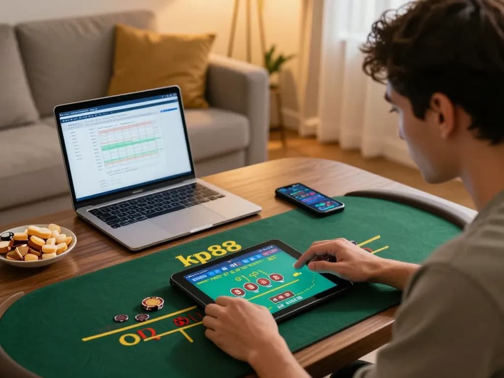 Player using kp88 for live dealer blackjack in a cozy setting, showing focused gameplay and strategy.