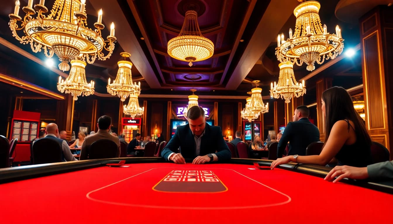 Players focusing on a high-stakes poker game at bbni4d casino, surrounded by luxury and excitement.