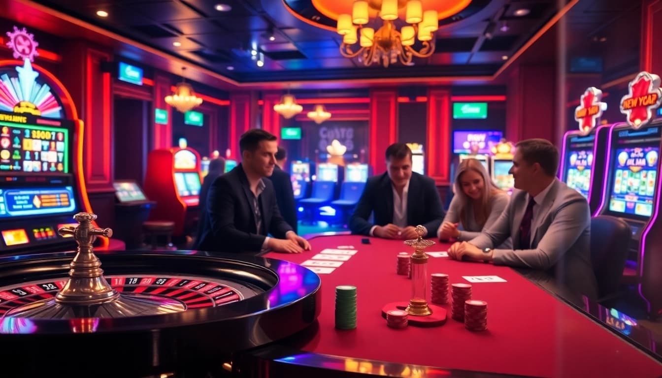 Players enjoying a thrilling poker game at bro138 casino amidst a vibrant New Year celebration.