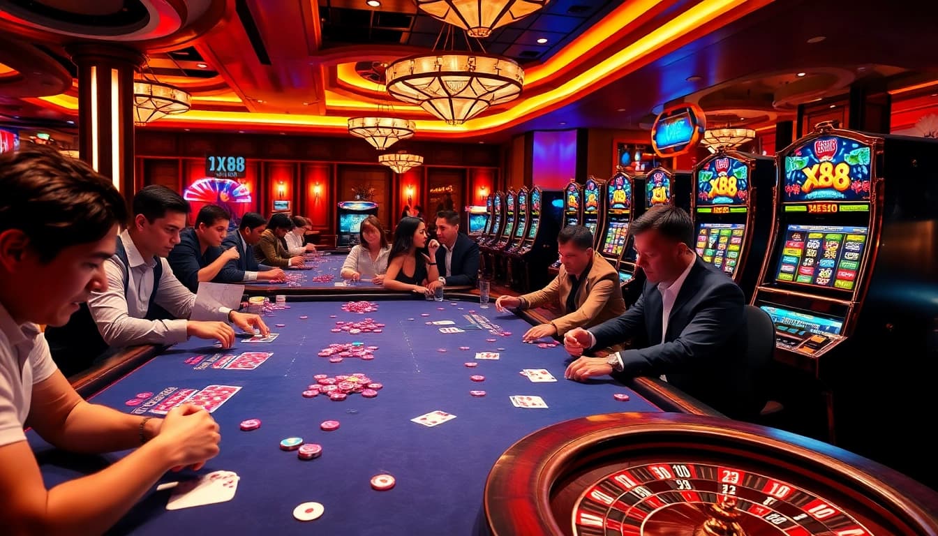 X88 casino experience featuring thrilling gaming tables with vibrant poker chips and cards.
