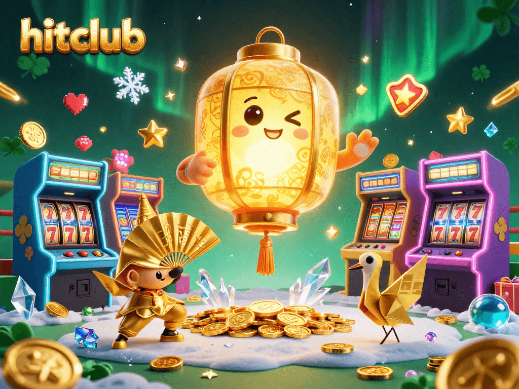 Hitclub arcade scene with golden lantern spirit and slot reels for gamers and bettors.