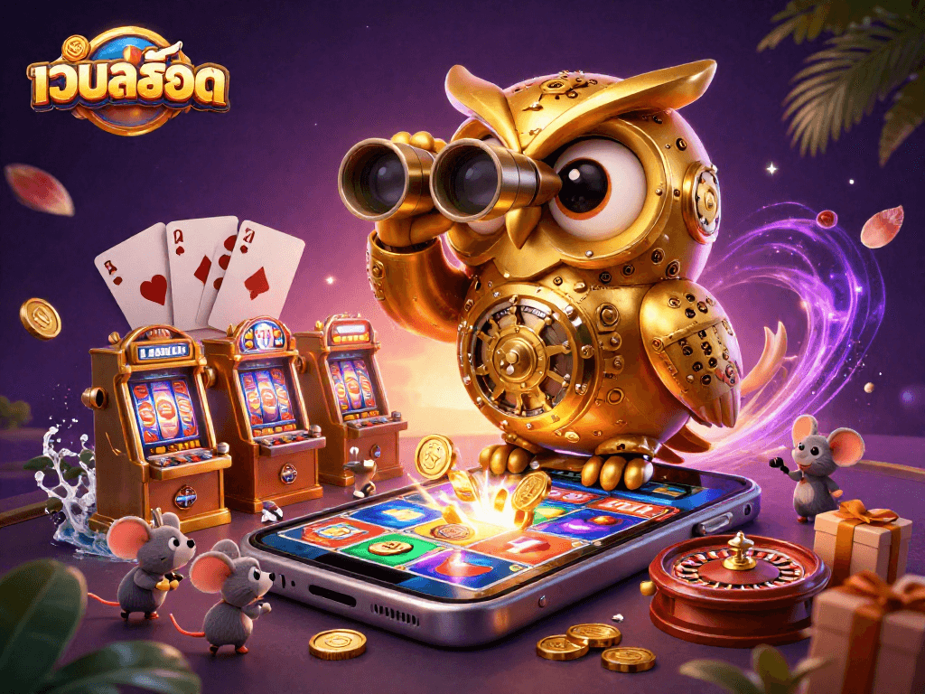 Experience the excitement of เว็บสล็อต with a vibrant casino scene featuring a golden owl and playful mice.