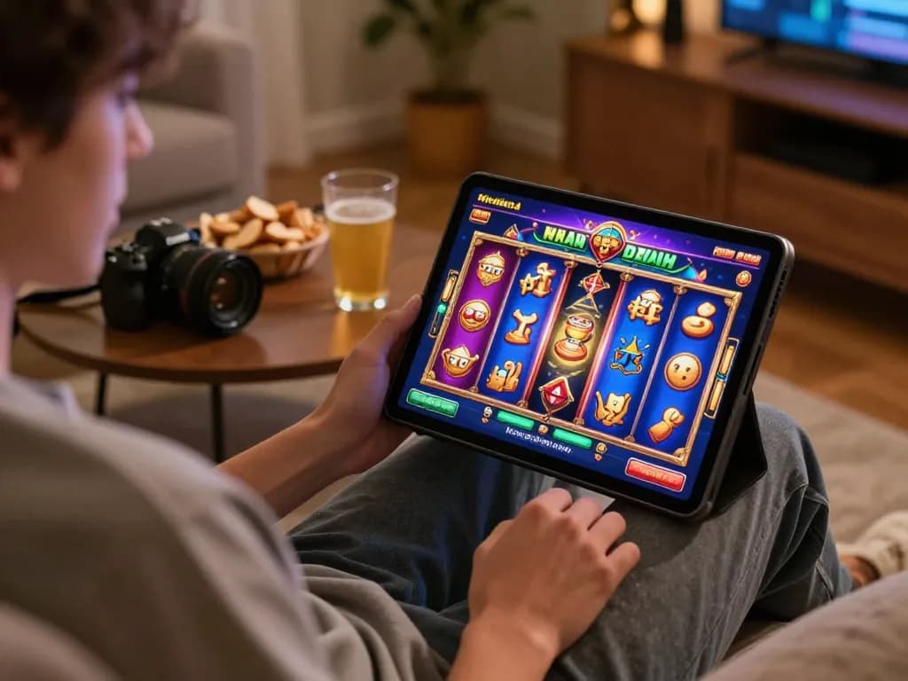 3win slot game on tablet, player engaged in online gambling strategy