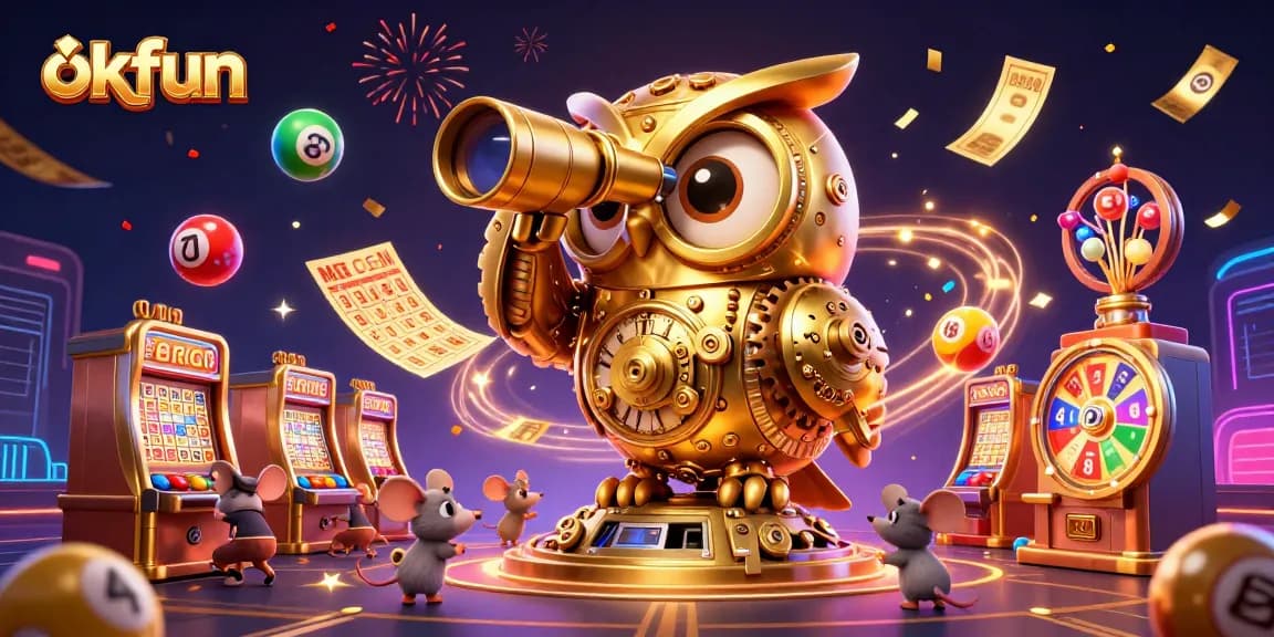 Engage with thrilling casino action at okfun featuring a dynamic 3D owl and vibrant game elements.