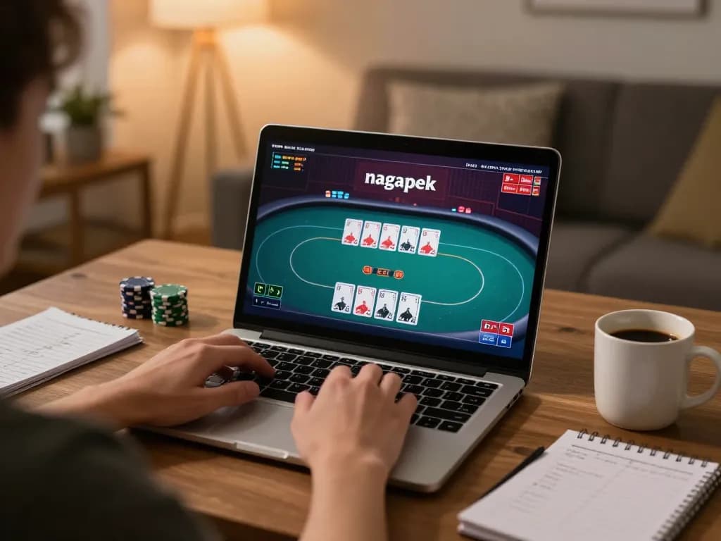 Engaging in nagapoker gameplay on a laptop, showcasing the strategic elements of online poker