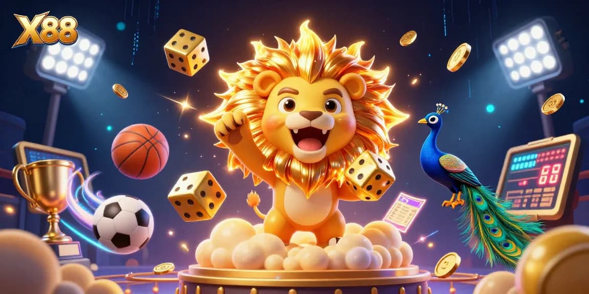 X88 engages players with a vibrant 3D casino illustration including lively character elements and sports betting features.