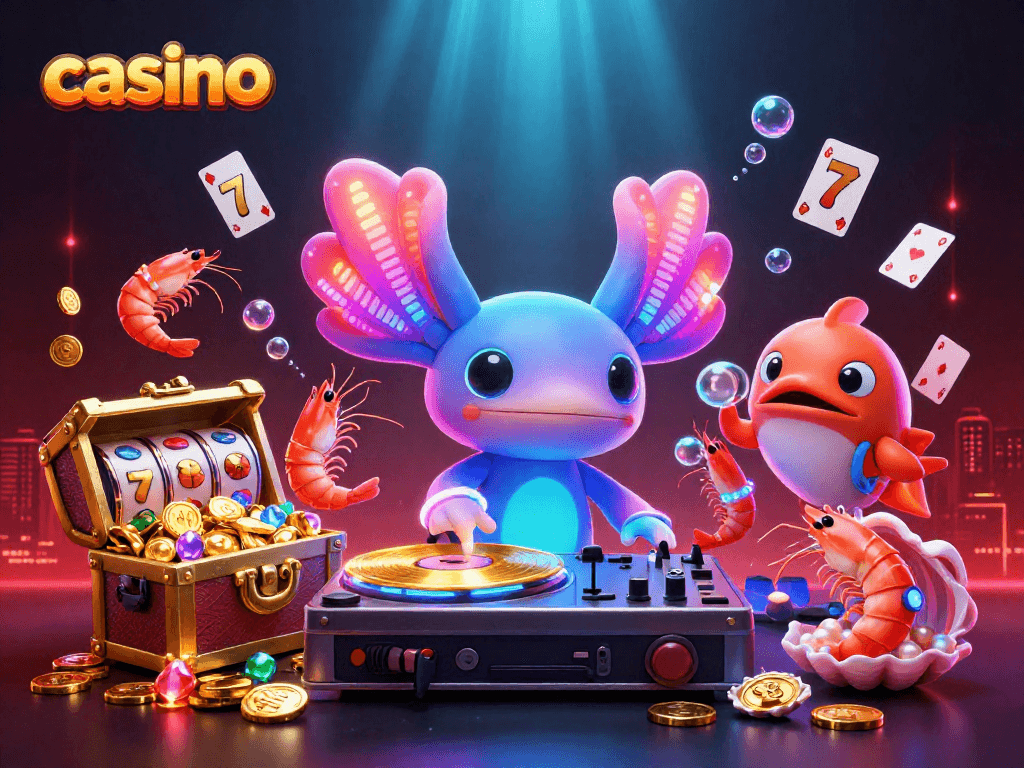 Engage in a vibrant casino atmosphere with a neon axolotl DJ and lively sea creatures.
