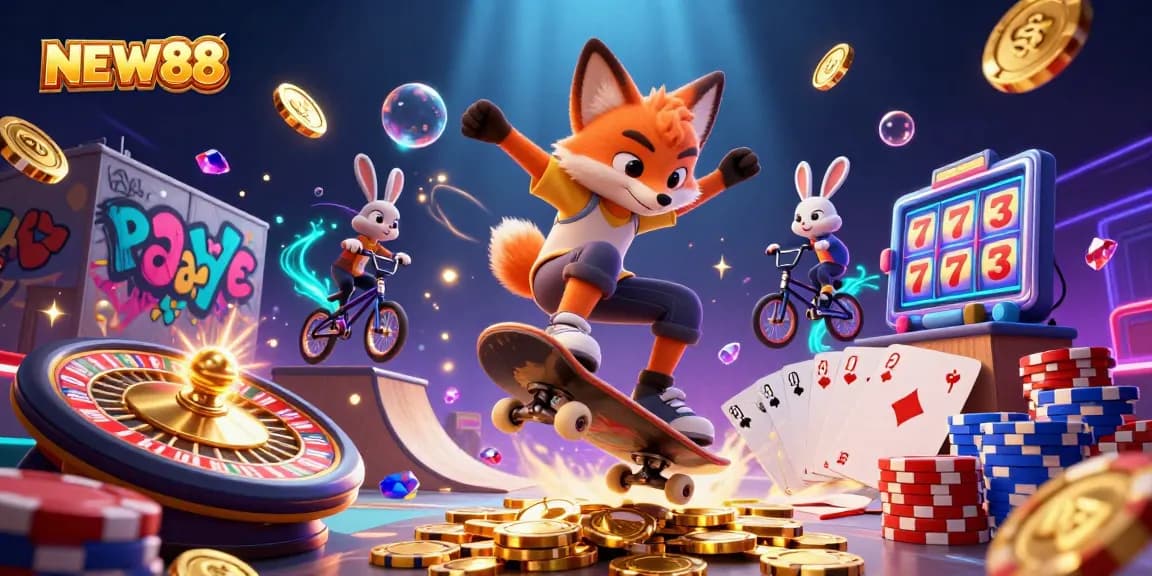 NEW88 showcases a vibrant 3D scene of a playful skateboarder fox and BMX rabbit amidst casino elements, illustrating the excitement of gaming.