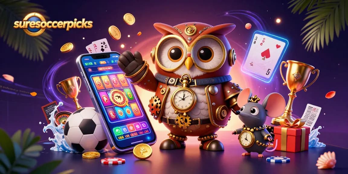 Win big with suresoccerpicks as a time-traveler owl and mouse navigate sports betting and casino elements.