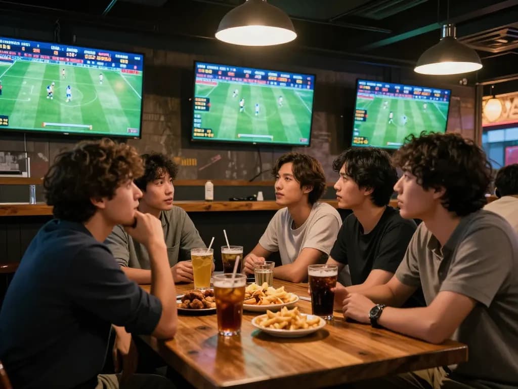 Intently analyzing kèo bóng đá trực tuyến while watching live matches at a vibrant sports bar with friends.