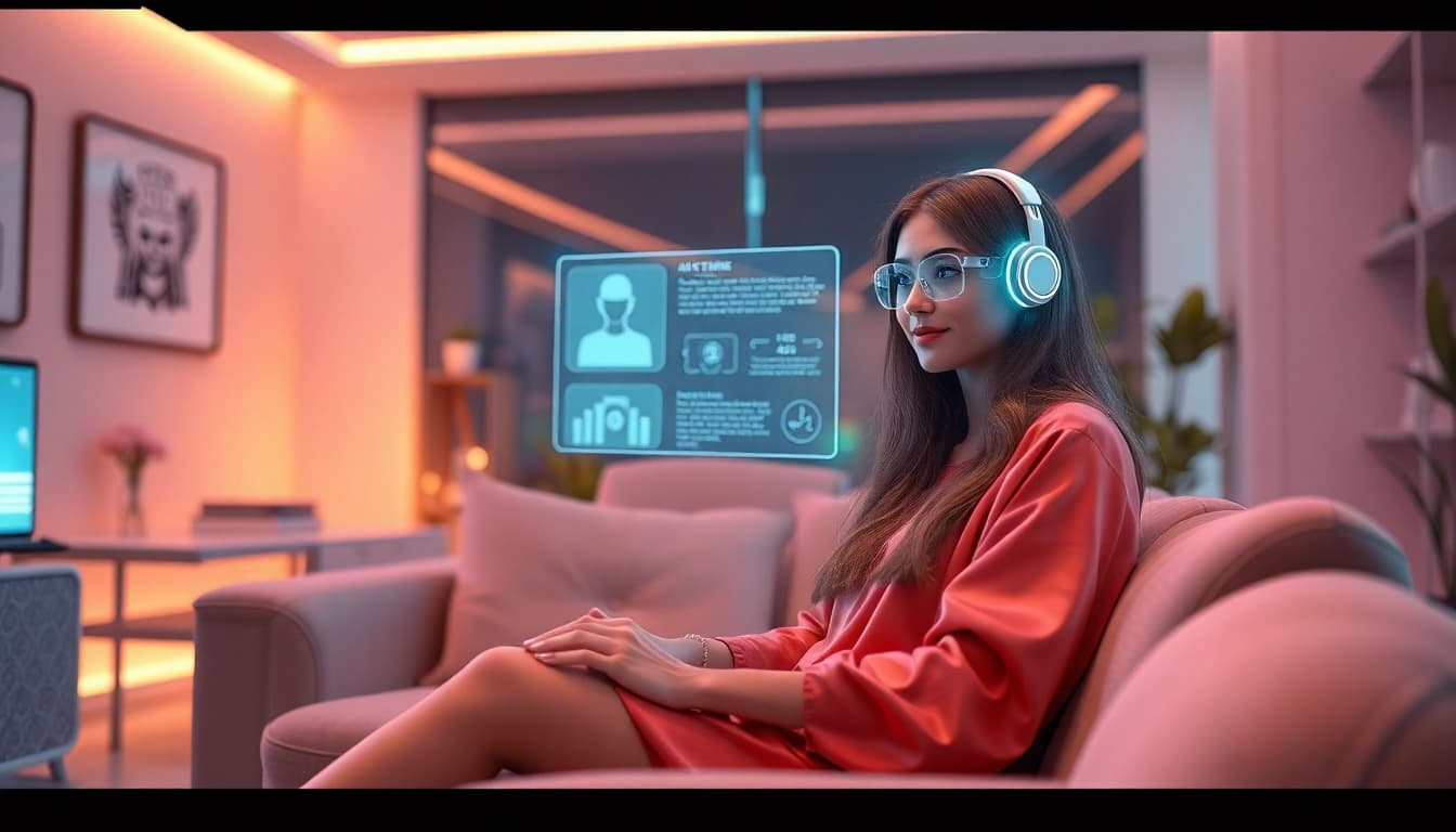 AI girlfriend interacting with a user in a modern digital space, showcasing companionship and advanced technology.