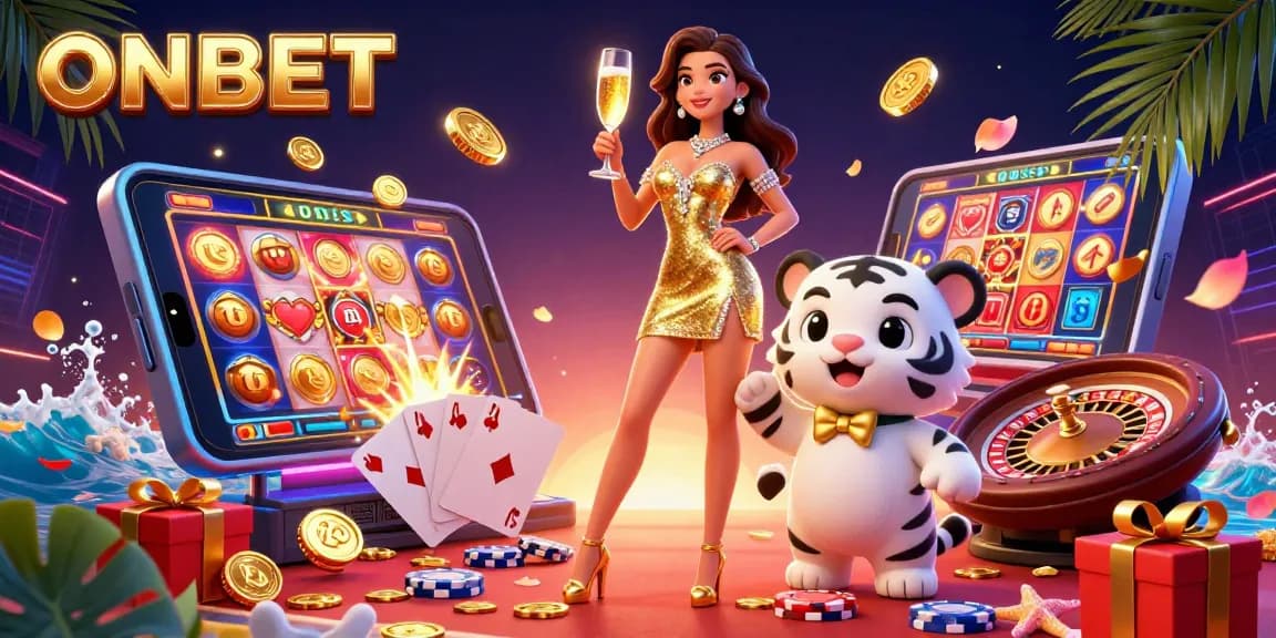 Win exciting prizes at ONBET with a stunning casino scene featuring a glamorous woman and a lucky tiger.