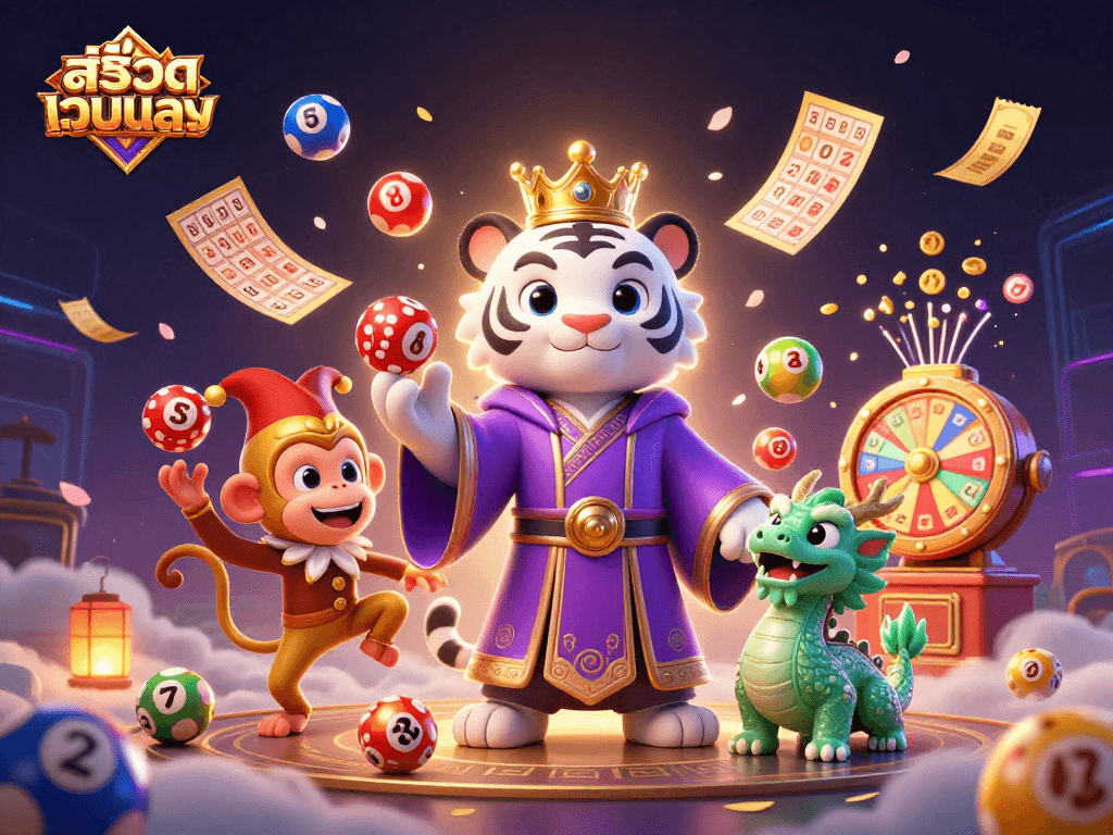 Playful scene of สล็อตเว็บตรง illustrating engaging lottery and casino elements with vibrant animations.