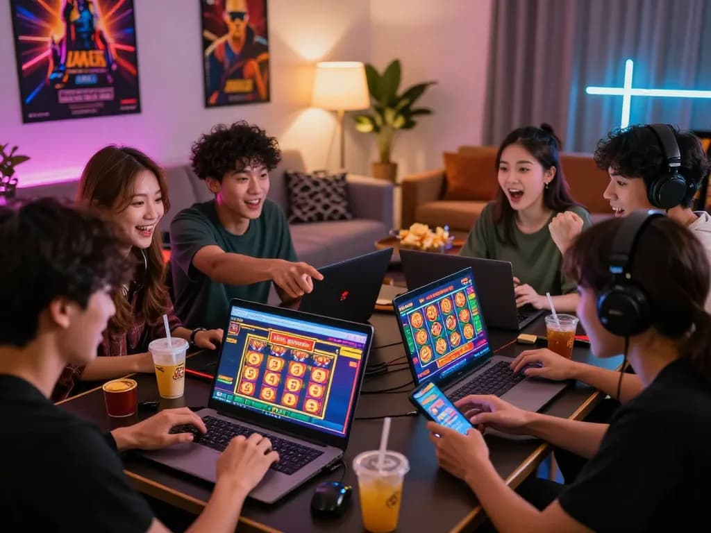 Young adults celebrating a win on the situs gacor online gaming platform, showcasing vibrant slot game graphics and a lively atmosphere.