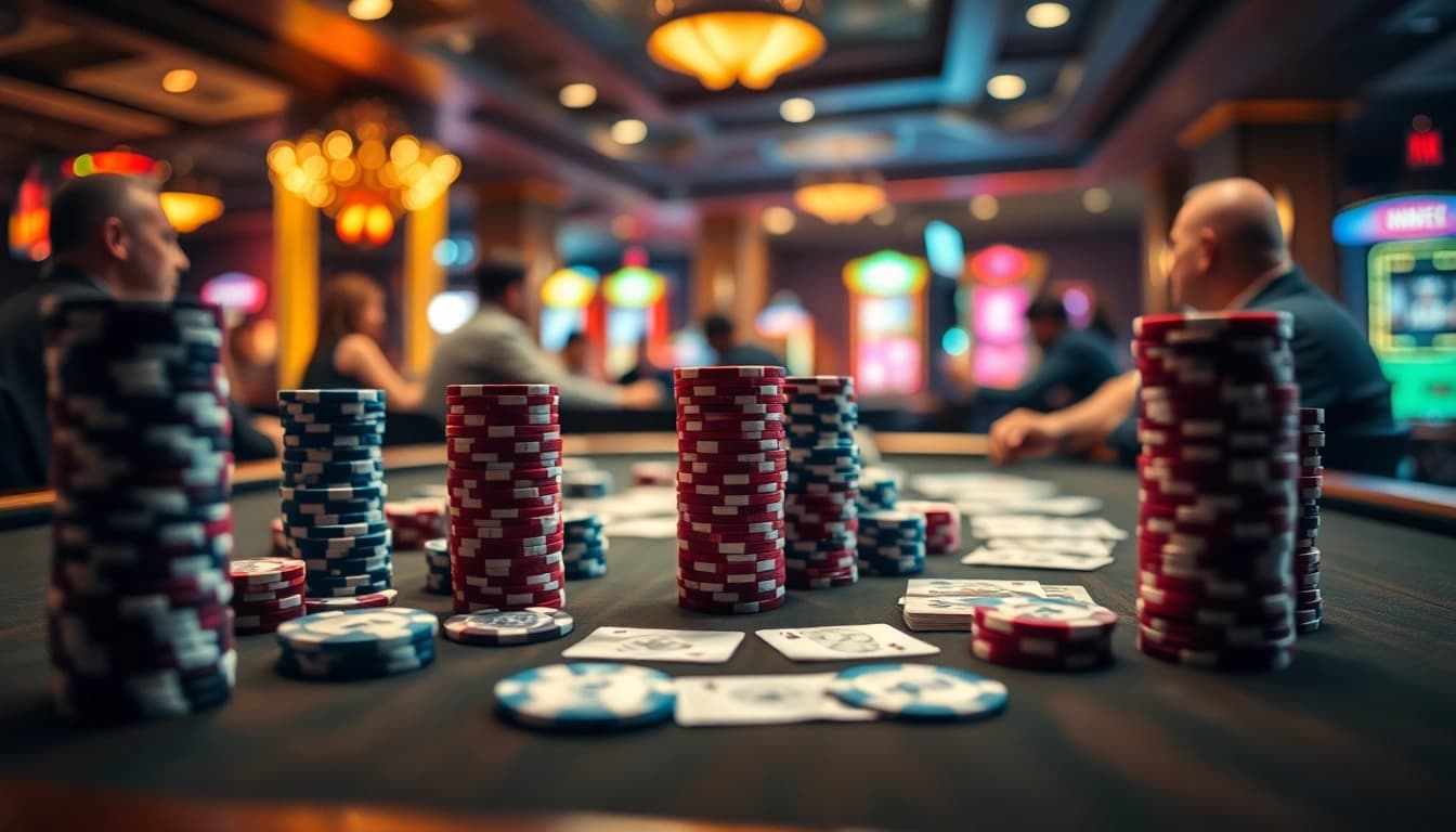 Engage in an exciting poker game with vibrant chips and strategic cards on a classic casino table.