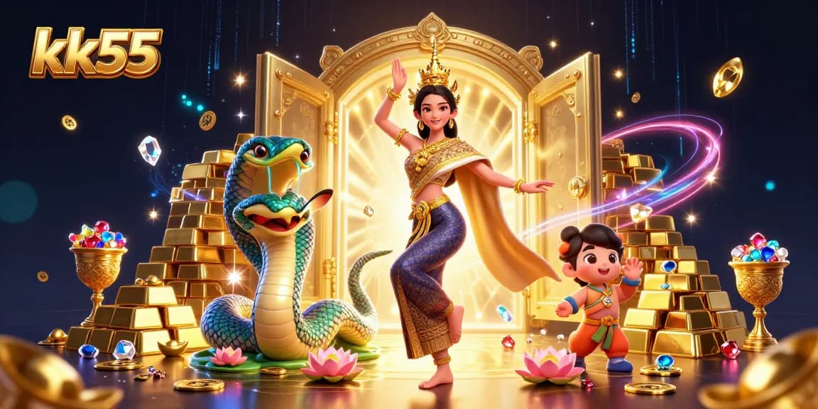 The kk55 online casino showcases a dazzling illustration featuring a Thai dancer and a Naga serpent overflowing with treasures.