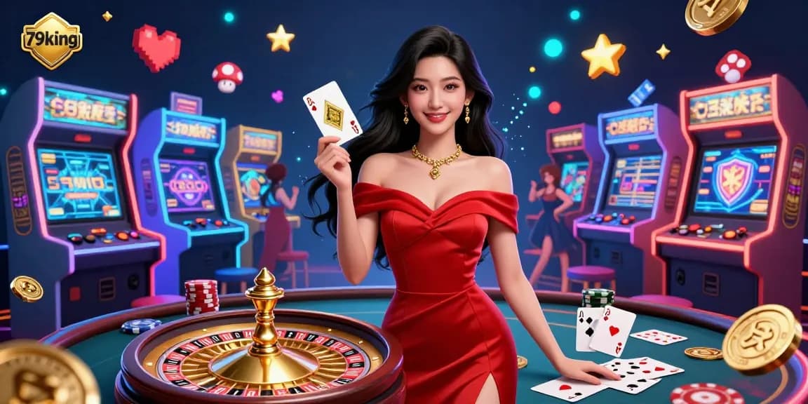Engage with thrilling games at 79king, showcased by a confident dealer and vibrant casino elements.