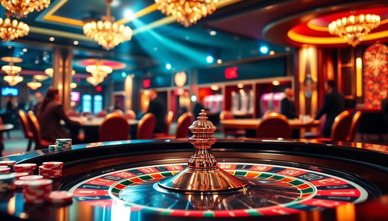 Engaging casino atmosphere showcasing players at a roulette table with vibrant colors.