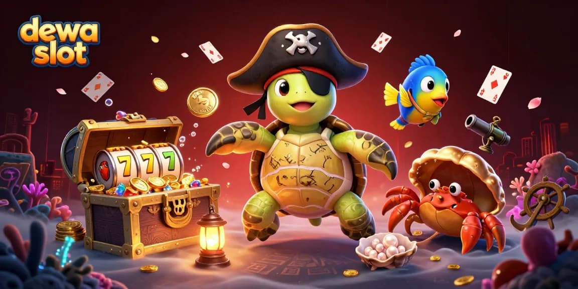 Engage with the exciting dewa slot world, featuring a vibrant underwater treasure scene with playful characters and dynamic slot game elements.