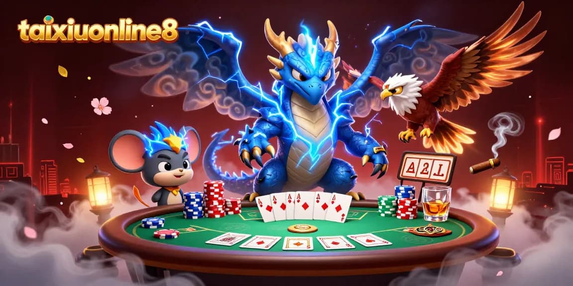 Engage with taixiuonline8's dynamic illustration featuring dragon, hawk, and poker elements.