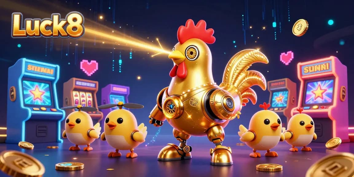 Play exciting casino games with Luck8, featuring golden rooster robots and dazzling slot elements.
