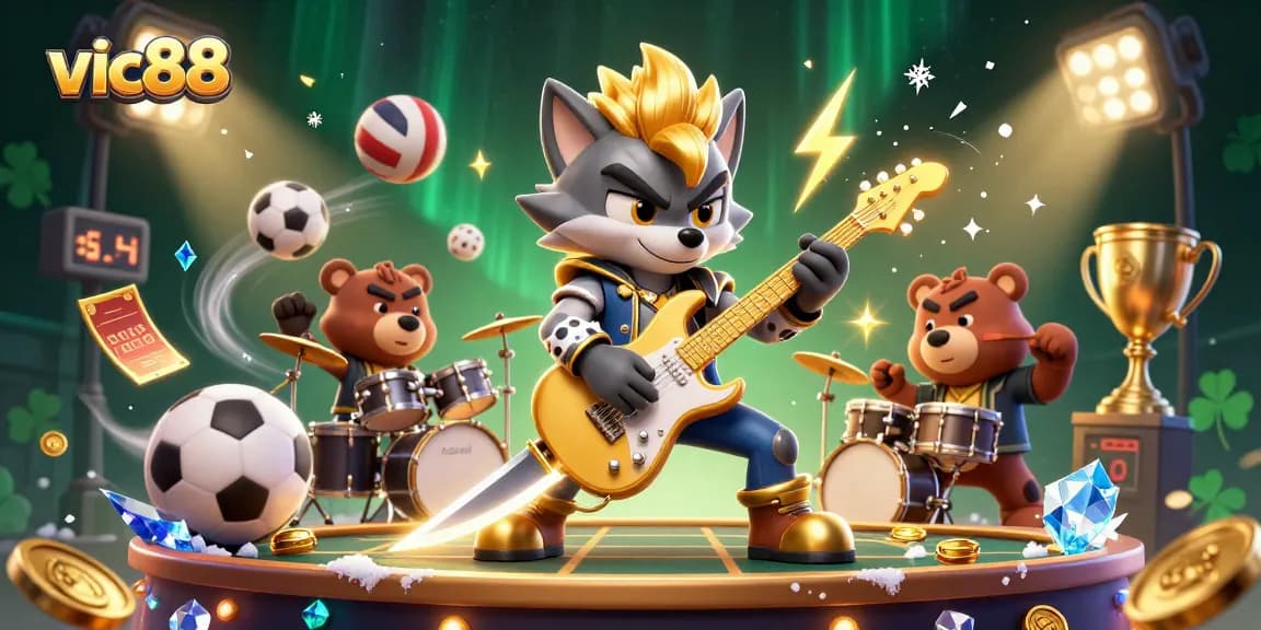 Engage in thrilling gaming with vic88 featuring wolf rockstar and drummer bear on a vibrant casino stage.