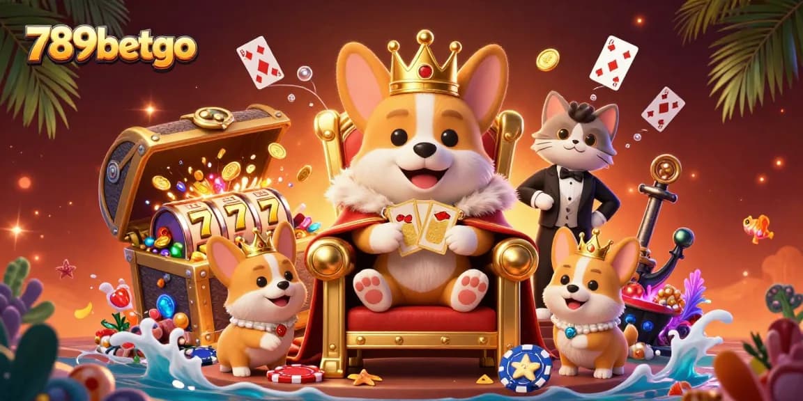 Play thrilling games and win at 789betgo with corgis celebrating in a vibrant casino scene.