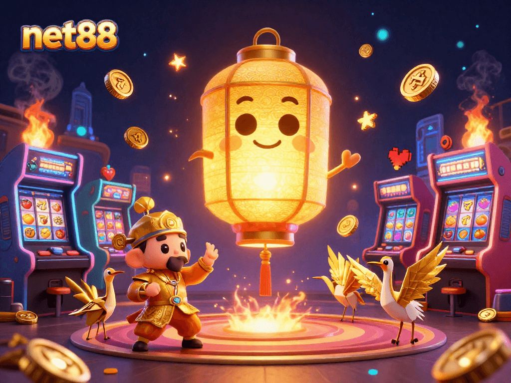 Engage in exciting gaming adventures at net88 with colorful slot symbols, golden lantern spirit, and vibrant arcade machines.
