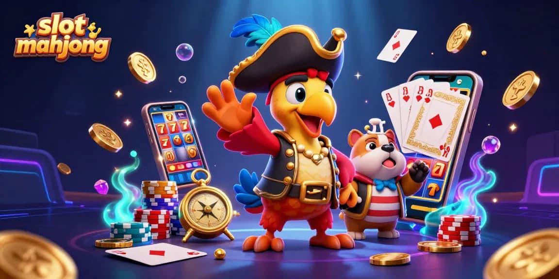 Engage in slot mahjong excitement, featuring colorful game characters and dynamic treasure elements.