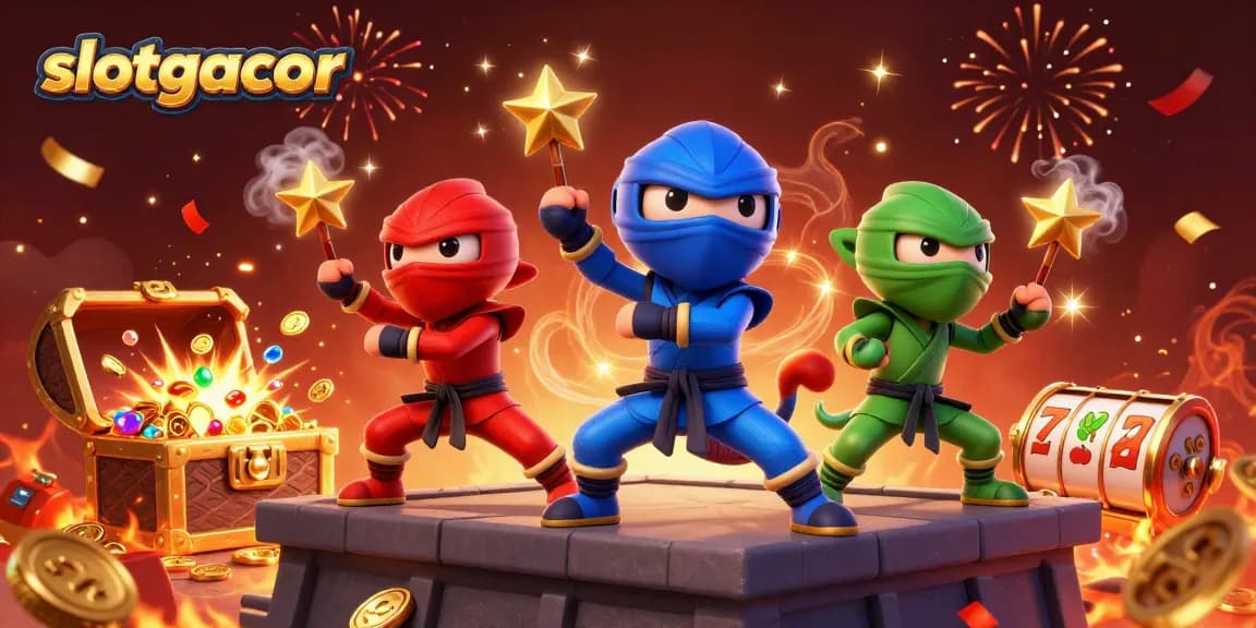 Engage with slotgacor through thrilling ninja chameleons celebrating a jackpot victory in a vibrant casino scene.
