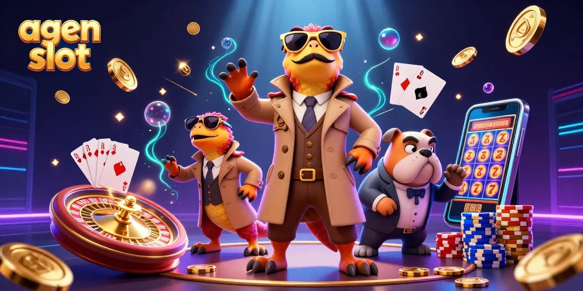 Fitur agen slot dengan karakter kartun unik dalam suasana kasino, pakai lensa emas.