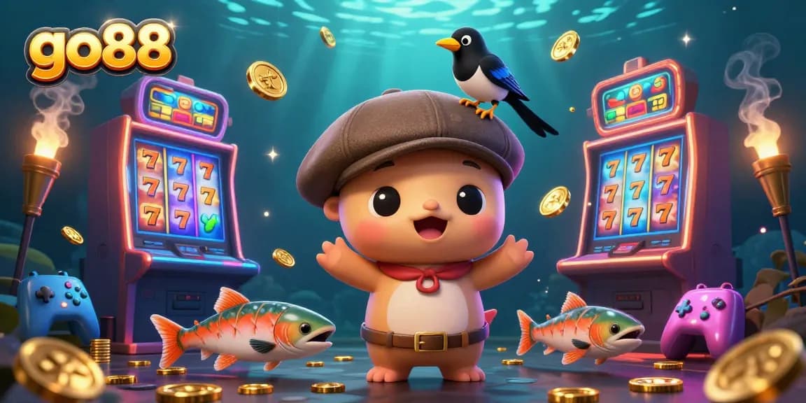 Engage with go88's playful gaming world featuring a cute Nessie, rich slot machines, and vibrant elements.