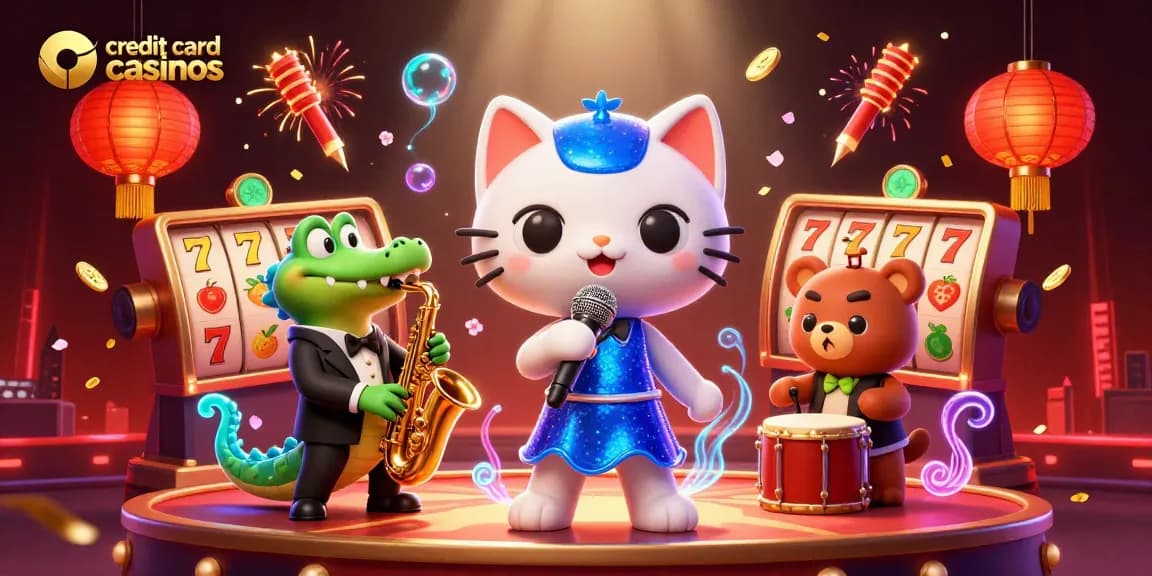 Experience the excitement of credit card casinos with a vibrant 3D illustration featuring musical characters in action.