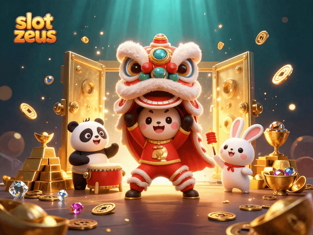 Experience the thrilling action of slot zeus with dynamic characters and sparkling treasures in a vibrant casino scene.