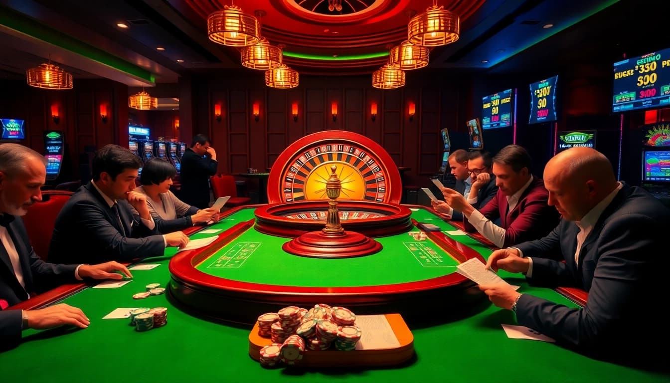 Exciting casino environment featuring MK8.COM with players engaged in betting and card games.