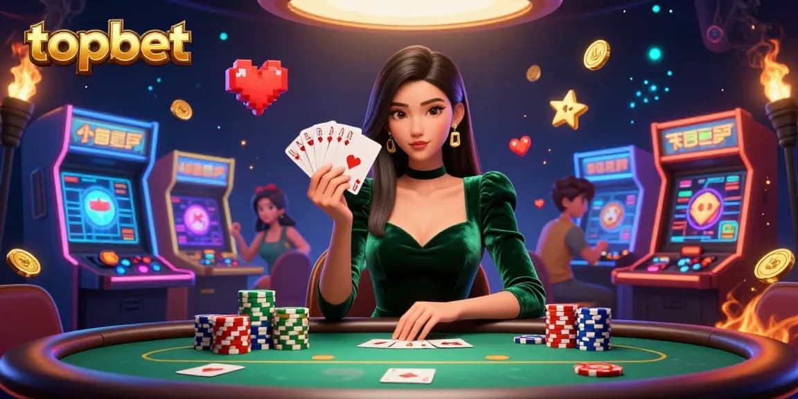 Experience topbet action with a focused player at the poker table amidst vibrant gaming elements.