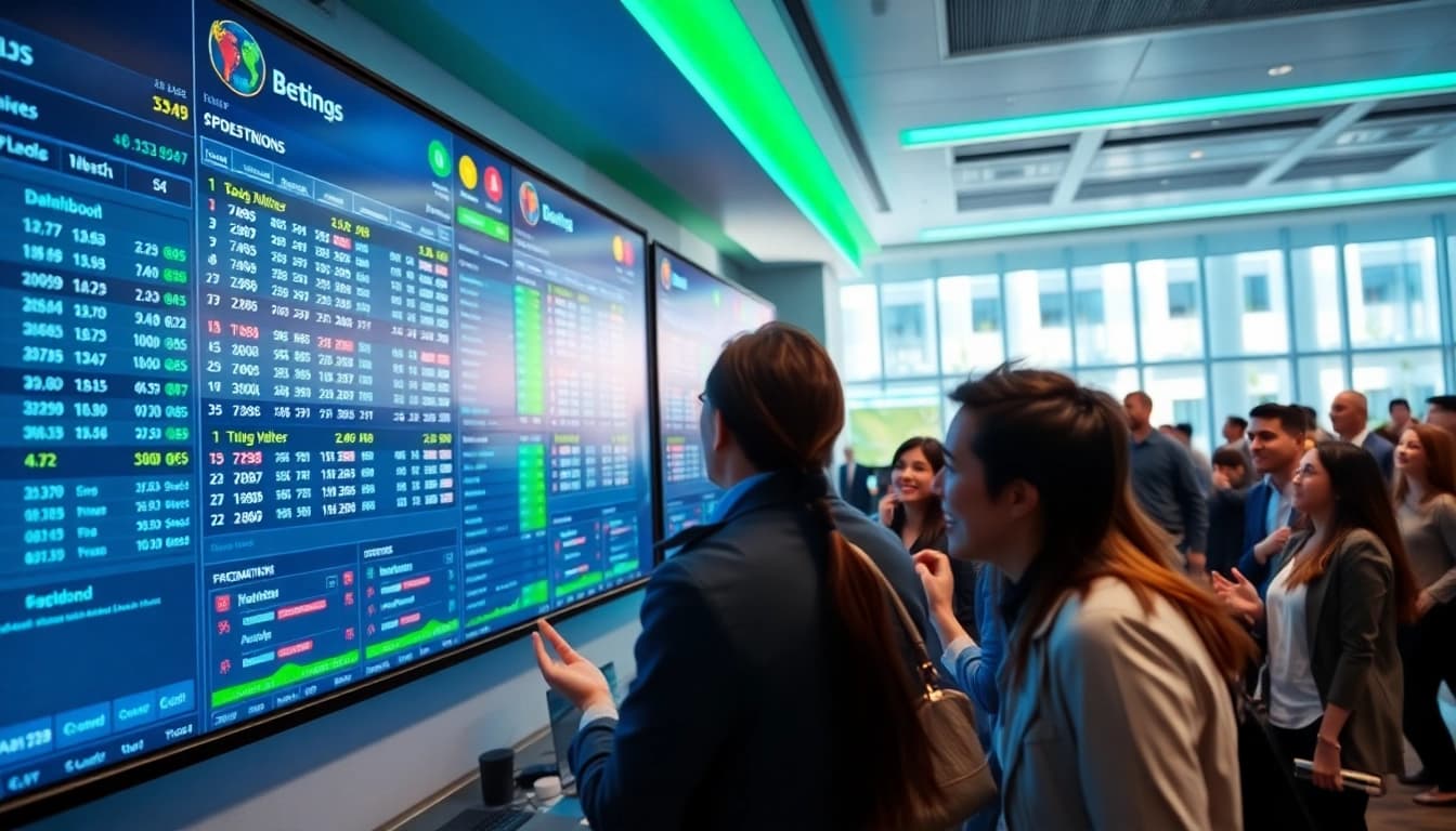 Engage in online Betting with a vibrant sportsbook atmosphere showing diverse bettors analyzing odds.