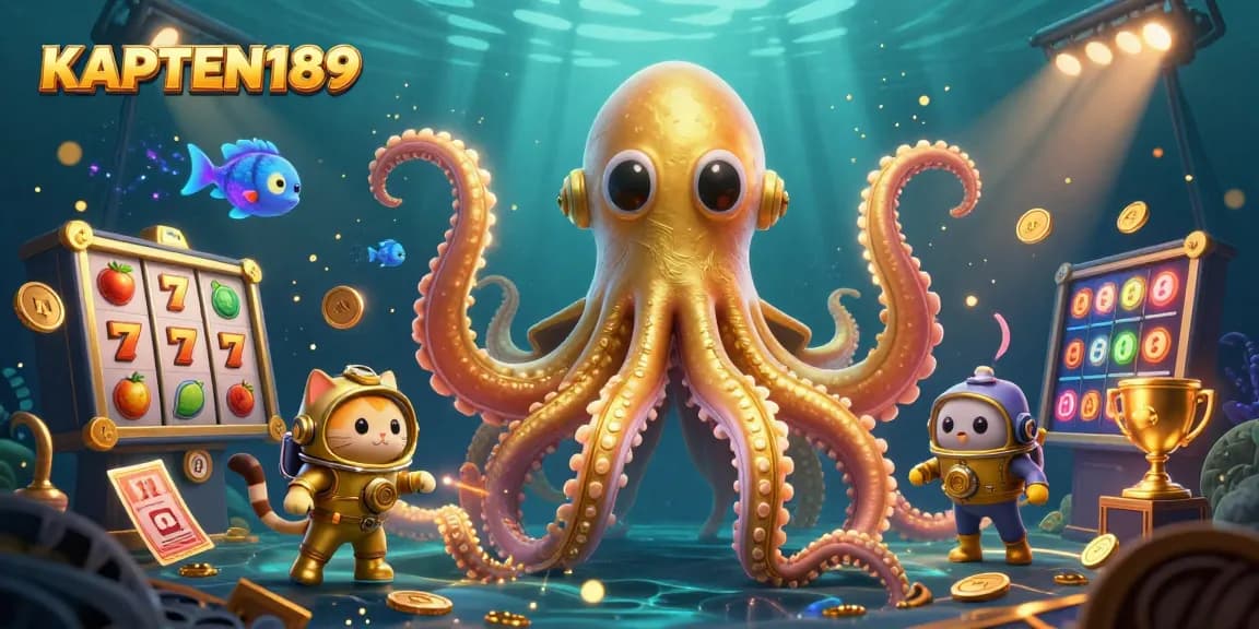 KAPTEN189 menjadikan permainan slot lebih menarik dengan karakter kraken dan elemen kasino yang dinamis.