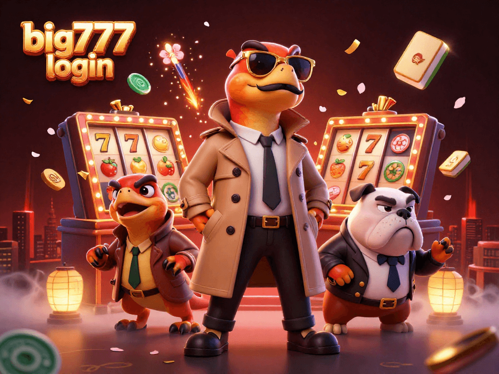 Engage with big777 login to enter a vibrant casino scene filled with animated characters and festive elements.