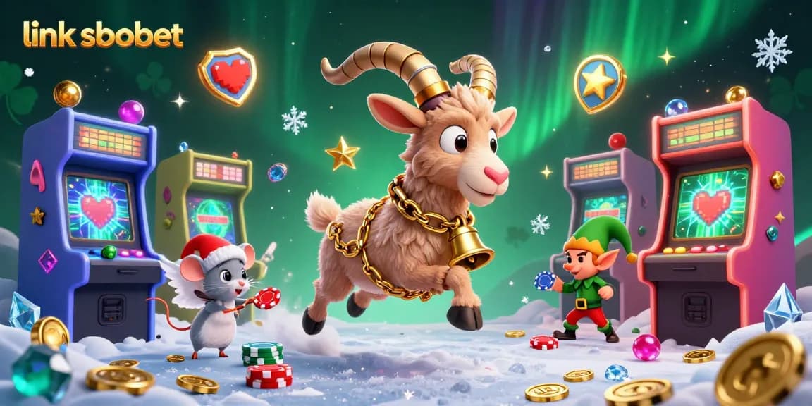 Experience the vibrant scene at link sbobet with a Krampus goat managing a holiday casino and playful gremlins.